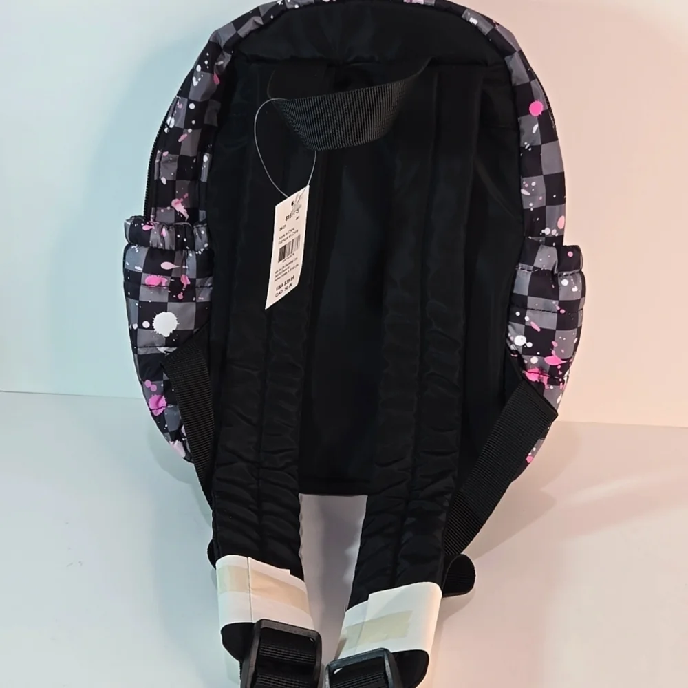 NWT Checkered Backpack with Pink and White Splatter Zippered Padded
